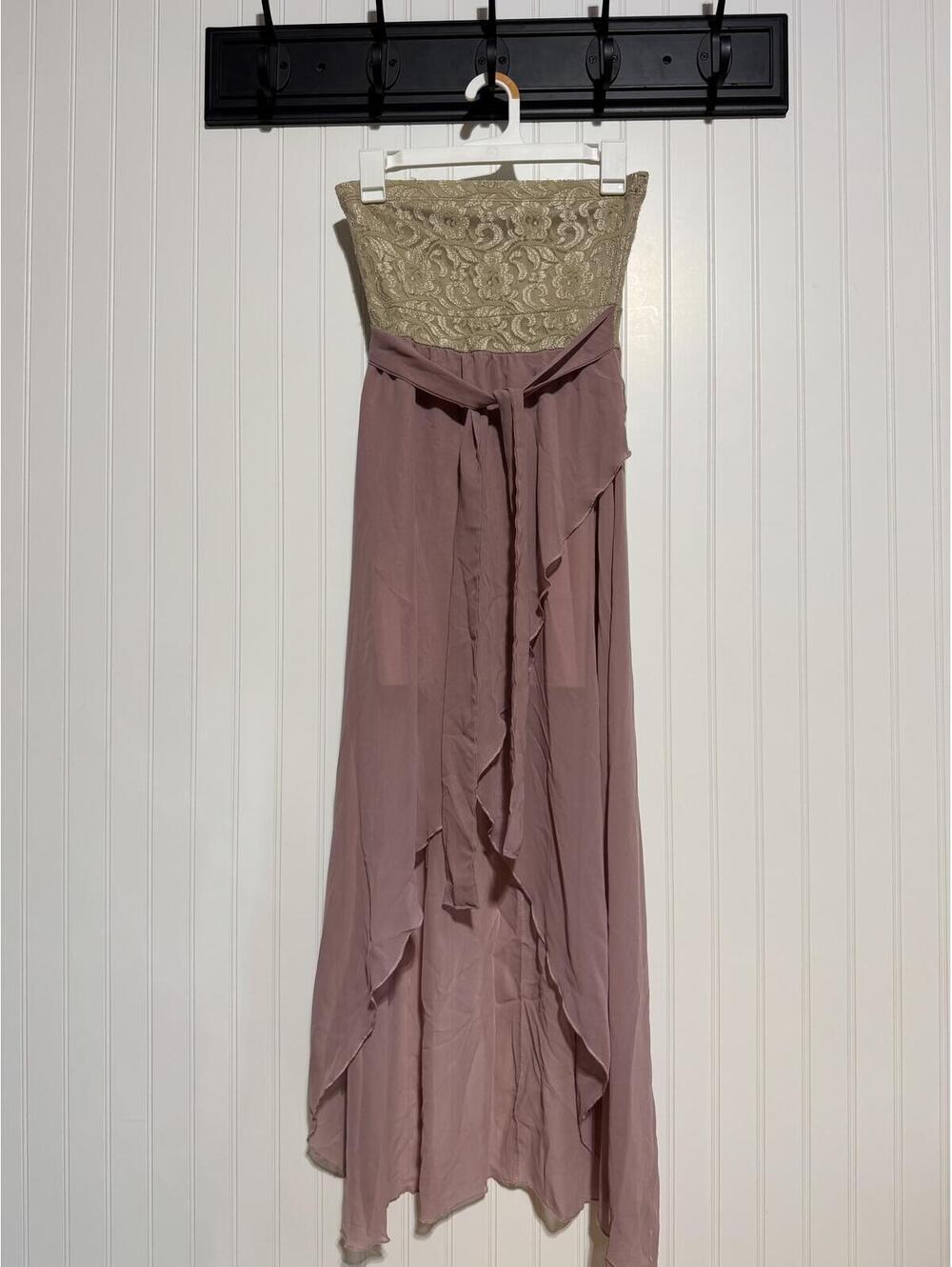 Misope Gold Lace Dusty Rose Strapless High Low Maxi Dress Women's Size S